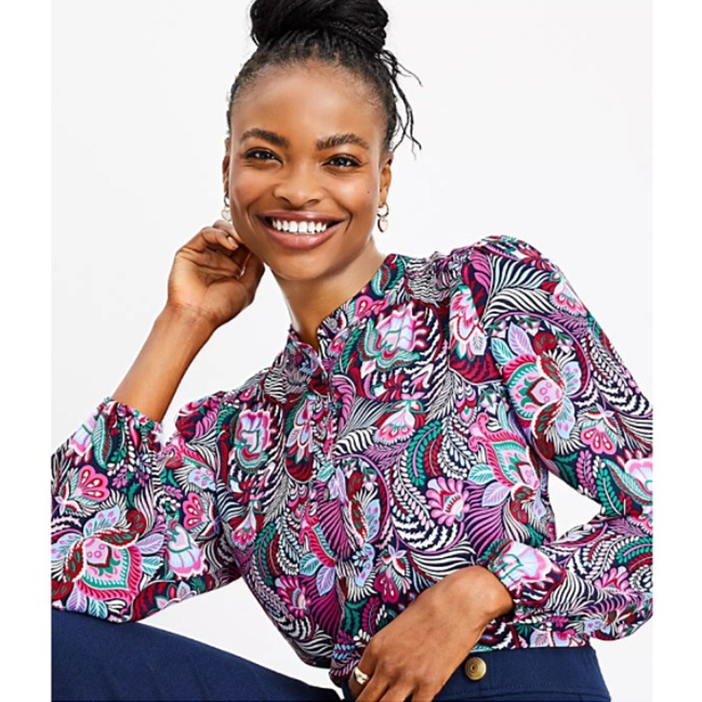 Loft Paisley Multicolor Stand Collar Henley Blouse